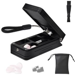 Pill Cutter for Small and Tiny Pills, Professional Aluminum Pill Splitter with Auto Centering Device and 2 Replaceable Stainless Steel Blades, Portable Pill Splitter with PU Case (Black)