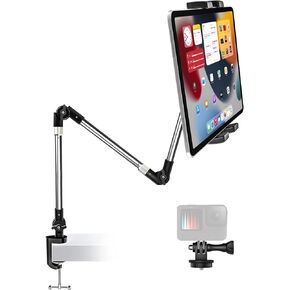 Tablet Holder for Desk Clamp 360° Phone iPad Mount, 35" Adjustable Arm Tablet Stand for Bed, Aluminum Flexible Webcam Camera Clip for iPad Pro 12.9 Air Mini, Tabs, Switch, iphone, 4.7-13" Device/Gopro