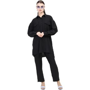 Women's Two Piece Outfits Set Long Sleeve Button Down Shirt with Pocket and Long Pant