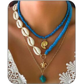 Bohemian Surfer Heishi Bead Layered Choker Necklace with Shell Conch Sea Turtle Charm Pendant Hawaii Holiday Beach Wedding Starfish Long Necklaces Set for Women and Girls