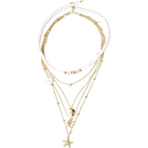 Bohemian Handmade Starfish Shell Folwer Pendant Layered Heishi Surfer Lightweight Chain Choker Necklace Summer Beach Stylish Floral Jewelry for Women Girls
