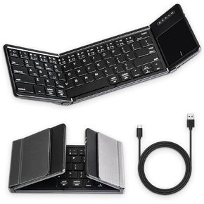 Foldable Bluetooth Keyboard with Touchpad, Wireless Folding Keyboard with PU Leather (Sync up to 3 Devices), Full-Size Portable Keyboard for Android/Windows/iOS