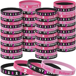60 Pcs Breast Cancer Awareness Silicone Wristbands - Unisex Ribbon Breast Cancer Awareness Bracelets in 4 Designs - Hope Faith Strength Courage Inspiring Wristbands for Party Supplies