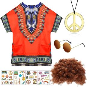Men 70s Disco Costume 80s Mens Hippie Costumes Set Includes Shirt Wig Sunglass Necklace Sticker for Halloween Party