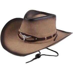 Unisex Western Cowboy Hat with Wide Brim Fedora Cap Jazz Hat with Leather Band for Women and Men Khaki
