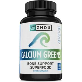 Zhou Nutrition Calcium Greens, Bone Support Superfood, Calcium Magnesium Supplement from Algae, Vitamin D3 K2, 1300mg of Calcium, 120 Tablets