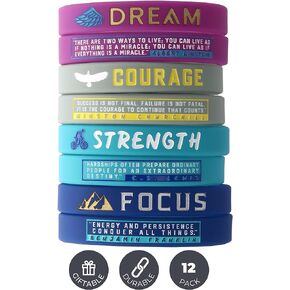 (12-Pack) Dream, Courage, Strength, Focus - Motivational Wristbands with Inspirational Quotes - Wholesale Pack of Silicone Rubber Bracelets for Bulk Gift Items, Party Favors for Men Women Teens