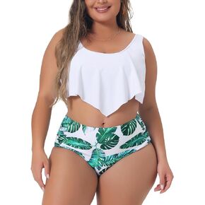 Agnes Orinda Plus Size Bikini Swimsuit for Women V Neck Floral Ruffles Tank Top Tankini 2 Piece Bathing Suits