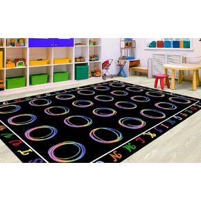 HUAHOO Small Classroom Rug Black Elementary Preschool Rug Teacher Rug Classroom Learning Carpet Seating Rug for Kids Room with Non-Slip Backing, 5' x 7'6", Rainbow Circles Black