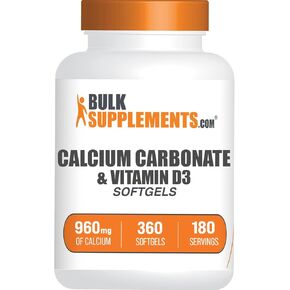 BulkSupplements.com Calcium Carbonate & Vitamin D3 Softgels - Calcium and Vitamin D3, Calcium & D3 Supplement for Immune Support - Gluten Free, 2 Softgels per Serving, 360 Count (Pack of 1)