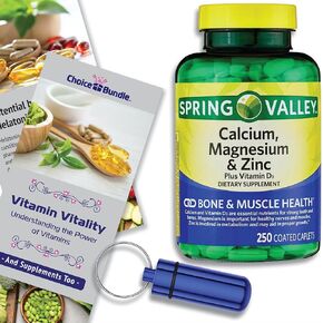 Spring Valley Calcium, Magnesium & Zinc Plus Vitamin D3 Coated Caplets 250 Ct + Plus Vitamin Guide and Pill Container (3 Items)!