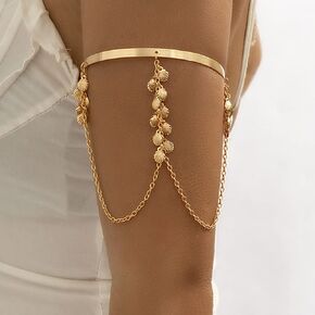 Missgrace Bohemian Layered Simple Tassel Shell Star Chain Open Arm Cuff Gold Silver Armband Cute Arm Bracelet Wide Cuff Long Chain Leaf Armband Charm Multilayer Armband for Women (Shell Gold)