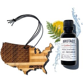Arotags Car Air Freshener, Reusable Hanging Wood Diffuser (USA Flag) & Fragrance Oil Refill Kit, Backwoods Birch Scent
