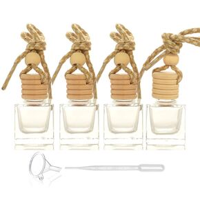 4Pcs/Pack,10ml Car Hanging Perfume Air Freshener Diffuser,Refillable Essential Oil Pendant Perfume Vials,Thick Square Clear Glass Container With Wooden Caps & Hanging String,FREE Funnel,Dropper