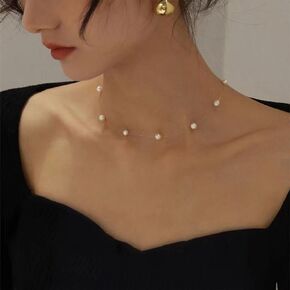 Boho Pearl Strand Choker Necklace Invisible Line Tiny Pearl Satellite Chain String Pearl Necklace Baroque Statement Pearl Necklace Bridal Beaded Pearl Necklace Jewelry for Women Girls