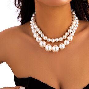 2PCS Women's Chunky Large Simulated Pearl Statement Choker Necklace Multi-Strand Pearl Bridal Necklace Vintage 1920s Large Pearl Collar Choker for Wedding Party Jewelry 20s Flapper (Style1)
