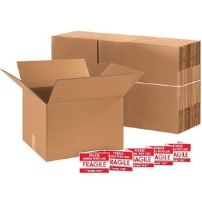 Aviditi 201812 Single-Wall Corrugated Box, 20" Length x 18" Width x 12" Height, Kraft, Includes 10 Fragile Labels (Bundle of 10)