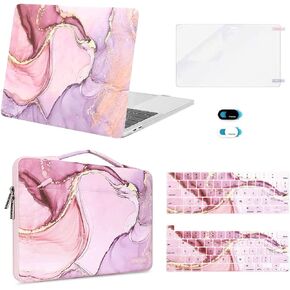 MOSISO Compatible with MacBook Pro 13 inch Case M2 2025-2016 A2338 M1 A2251 A2289 A2159 A1989 A1708 A1706,Plastic Hard Case&Sleeve Bag&Keyboard Skin&Webcam Cover&Screen Protector,Marble MO-MBH216,Pink