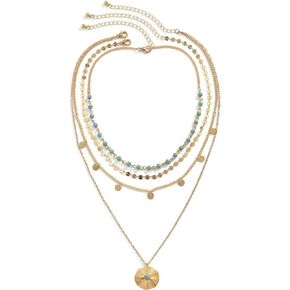 Boho Gold Layered Necklace for Women Bohemian Turquoise Stacked Coin Pendant Necklace Set Adjustable Sequin Tassel Chain Long Necklaces for Women Mothers Day Valentine Gift