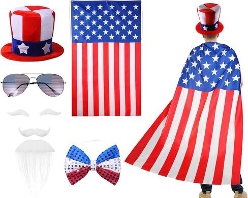 4th of July USA Flag Costume Accessory Set, American Patriotic Flag Cape, Independence Day Top Hat and Bow Tie, American Flag Sun Sunglasses, Self Adhesive Fake Eyebrows Beard Moustache Goatee Kit in Kuwait