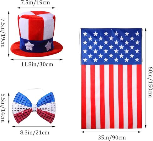 4th of July USA Flag Costume Accessory Set, American Patriotic Flag Cape, Independence Day Top Hat and Bow Tie, American Flag Sun Sunglasses, Self Adhesive Fake Eyebrows Beard Moustache Goatee Kit in Kuwait