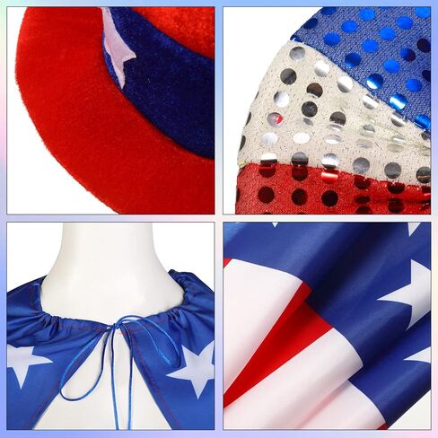 4th of July USA Flag Costume Accessory Set, American Patriotic Flag Cape, Independence Day Top Hat and Bow Tie, American Flag Sun Sunglasses, Self Adhesive Fake Eyebrows Beard Moustache Goatee Kit in Kuwait