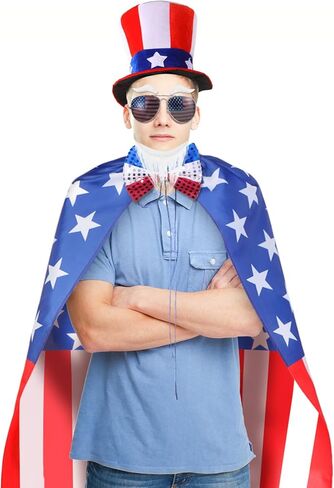 4th of July USA Flag Costume Accessory Set, American Patriotic Flag Cape, Independence Day Top Hat and Bow Tie, American Flag Sun Sunglasses, Self Adhesive Fake Eyebrows Beard Moustache Goatee Kit in Kuwait