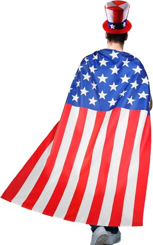 4th of July USA Flag Costume Accessory Set, American Patriotic Flag Cape, Independence Day Top Hat and Bow Tie, American Flag Sun Sunglasses, Self Adhesive Fake Eyebrows Beard Moustache Goatee Kit in Kuwait