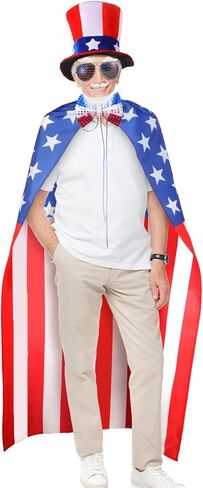 4th of July USA Flag Costume Accessory Set, American Patriotic Flag Cape, Independence Day Top Hat and Bow Tie, American Flag Sun Sunglasses, Self Adhesive Fake Eyebrows Beard Moustache Goatee Kit in Kuwait