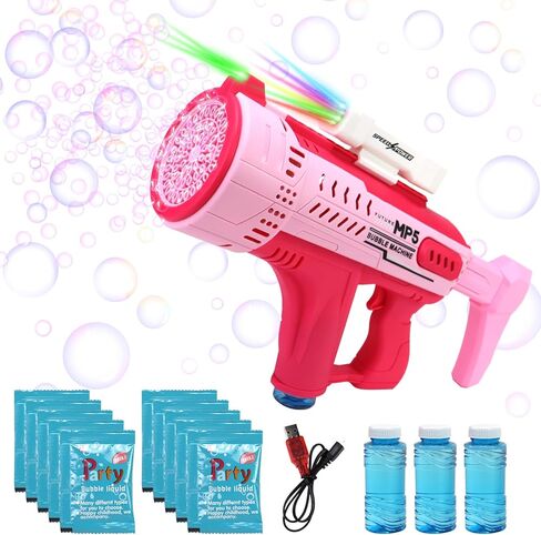 مسدس فقاعات آلي، 57 فتحة، مسدس فقاعات أوتوماتيكي مع ضوء LED ملون ومحلول فقاعات كبير قابل لإعادة الشحن للأطفال، لعبة صيفية خارجية، هدايا حفلات الزفاف وأعياد الميلاد (أزرق) in Kuwait