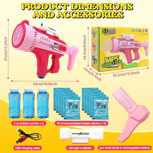 مسدس فقاعات آلي، 57 فتحة، مسدس فقاعات أوتوماتيكي مع ضوء LED ملون ومحلول فقاعات كبير قابل لإعادة الشحن للأطفال، لعبة صيفية خارجية، هدايا حفلات الزفاف وأعياد الميلاد (أزرق) in Kuwait