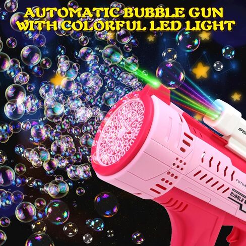 مسدس فقاعات آلي، 57 فتحة، مسدس فقاعات أوتوماتيكي مع ضوء LED ملون ومحلول فقاعات كبير قابل لإعادة الشحن للأطفال، لعبة صيفية خارجية، هدايا حفلات الزفاف وأعياد الميلاد (أزرق) in Kuwait
