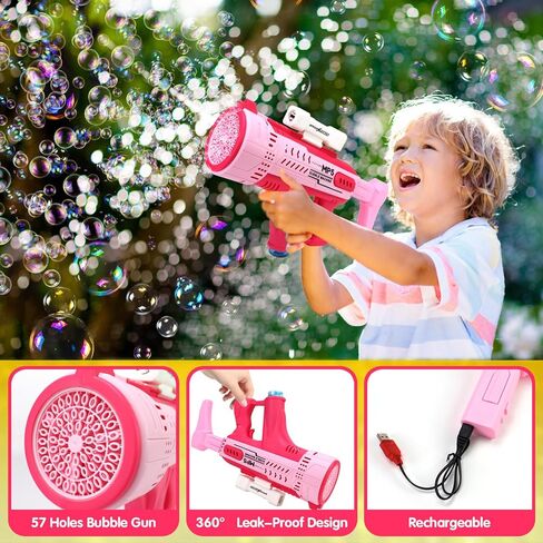 مسدس فقاعات آلي، 57 فتحة، مسدس فقاعات أوتوماتيكي مع ضوء LED ملون ومحلول فقاعات كبير قابل لإعادة الشحن للأطفال، لعبة صيفية خارجية، هدايا حفلات الزفاف وأعياد الميلاد (أزرق) in Kuwait