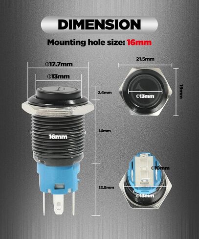 16mm Latching led Push Button,12V 3A LED Waterproof Stainless Steel self-Recover Latching momentary Switch Flat Head Ring Illuminated 1NO1NC Contact,IP65 Waterproof Push Button Switch (Green) in Saudi Arabia