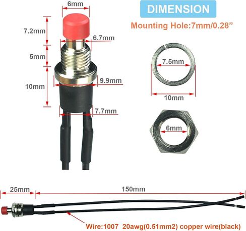 Momentary Push Button Switch with Wires, 1A 250VAC SPST Mini Pushbutton Switches Normal Open(NO) Red Cap - 6pcs in Saudi Arabia