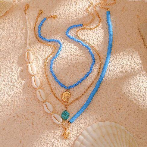 Bohemian Surfer Heishi Bead Layered Choker Necklace with Shell Conch Sea Turtle Charm Pendant Hawaii Holiday Beach Wedding Starfish Long Necklaces Set for Women and Girls in Saudi Arabia