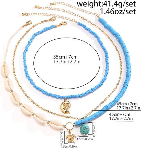 Bohemian Surfer Heishi Bead Layered Choker Necklace with Shell Conch Sea Turtle Charm Pendant Hawaii Holiday Beach Wedding Starfish Long Necklaces Set for Women and Girls in Saudi Arabia