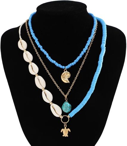 Bohemian Surfer Heishi Bead Layered Choker Necklace with Shell Conch Sea Turtle Charm Pendant Hawaii Holiday Beach Wedding Starfish Long Necklaces Set for Women and Girls in Saudi Arabia
