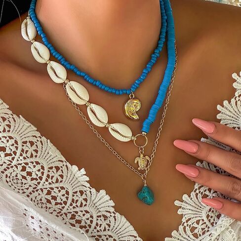Bohemian Surfer Heishi Bead Layered Choker Necklace with Shell Conch Sea Turtle Charm Pendant Hawaii Holiday Beach Wedding Starfish Long Necklaces Set for Women and Girls in Saudi Arabia