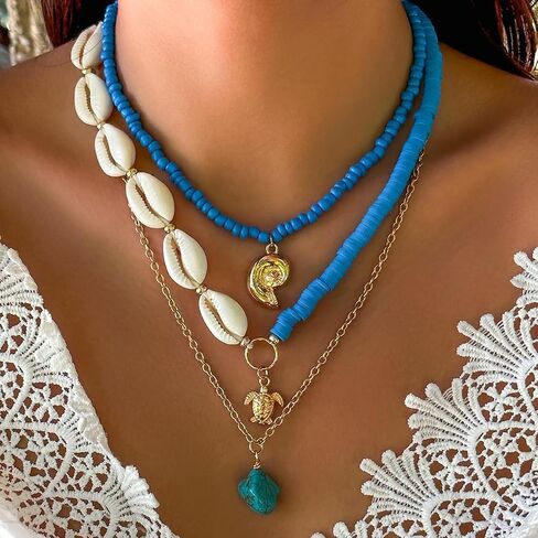Bohemian Surfer Heishi Bead Layered Choker Necklace with Shell Conch Sea Turtle Charm Pendant Hawaii Holiday Beach Wedding Starfish Long Necklaces Set for Women and Girls in Saudi Arabia