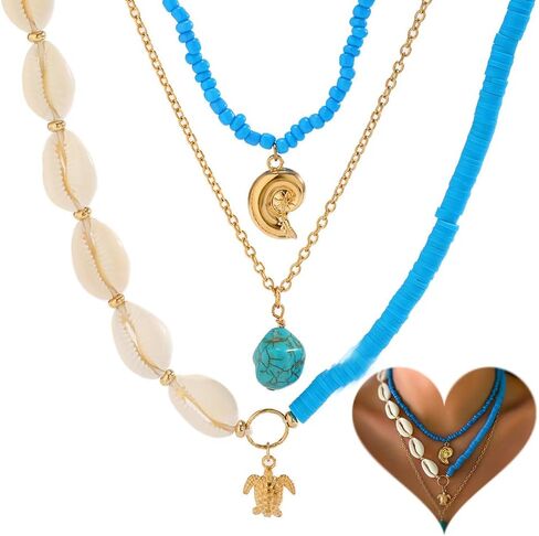 Bohemian Surfer Heishi Bead Layered Choker Necklace with Shell Conch Sea Turtle Charm Pendant Hawaii Holiday Beach Wedding Starfish Long Necklaces Set for Women and Girls in Saudi Arabia