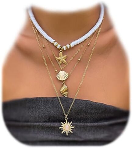 Bohemian Surfer Heishi Bead Layered Choker Necklace with Shell Conch Sea Turtle Charm Pendant Hawaii Holiday Beach Wedding Starfish Long Necklaces Set for Women and Girls in Saudi Arabia