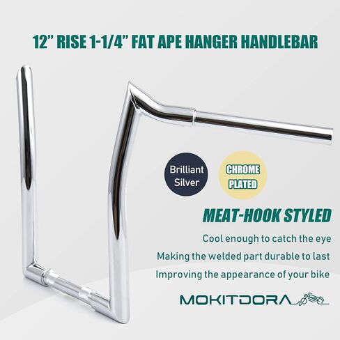 MoKitDora Sportster Dyna Softail 10" Rise Ape Hangers 1.25" Fat 1" مشبك المقود قضبان Meathook لـ Harley XL 883/1200,1994-up Road King & 1998-2013 Road Glide، أسود لامع in Kuwait