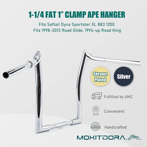 MoKitDora Sportster Dyna Softail 10" Rise Ape Hangers 1.25" Fat 1" مشبك المقود قضبان Meathook لـ Harley XL 883/1200,1994-up Road King & 1998-2013 Road Glide، أسود لامع in Kuwait