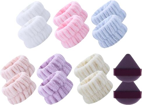 6 Pairs Microfiber Spa Wrist Bands for Washing Face, Women's Wrist Towels for Washing Face, Absorbent Face Washing Wristbands, Prevent Water from Spilling Down Your Arms (with 2 Powder Puffs) in Saudi Arabia