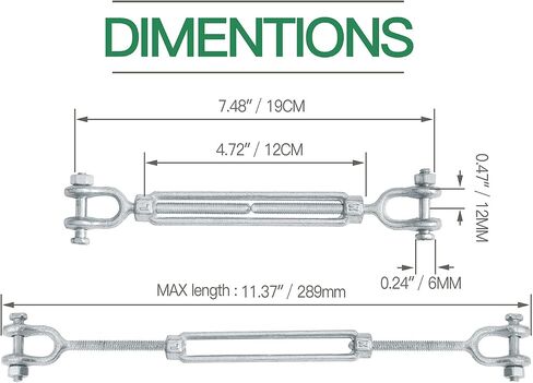 5/8" Jaw Jaw Turnbuckle Galvanized Jaw and Jaw Turnbuckle, Jaw Jaw Closed Body Marine Turnbuckle Jaw, 5000lbs Working Load Limit, Durable for Wire Rope Cable (5/8" x 12") in Saudi Arabia