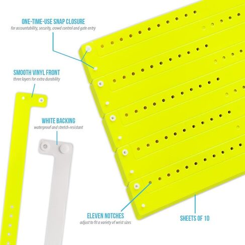 100 WristCo Extended Wear Premium Neon Blue Vinyl Secure Snap Wristbands - 5/8" x 10" - Adjustable Bracelets for Events, Waterproof, Durable, Wrist Bands for Waterparks Concerts Festival in Saudi Arabia