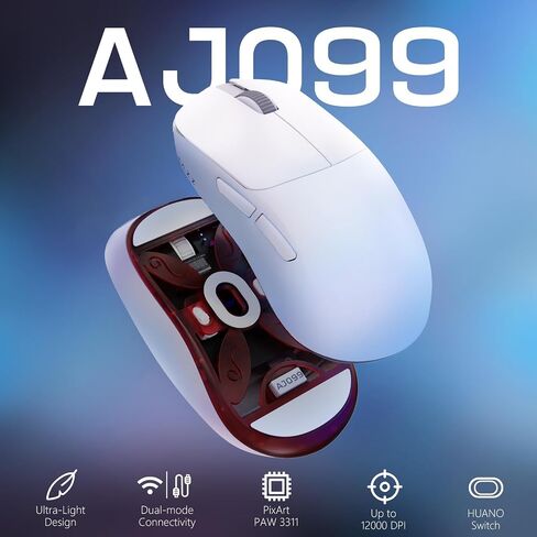 FELICON AJAZZ AJ099 Wireless Gaming Mouse, 59g Ultra-Lightweight, 6 DPI Settings, 2.4G & Wired, 500mAh Rechargeable Battery, Compatible with PC/Windows/Mac/PS4/Xbox (Black) in Kuwait