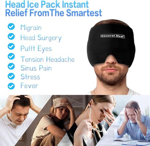 General Medi Headache & Migraine Ice Wrap Cap, Cold Therapy Migraine Relief Hat, Headache Ice Hat Cold Compress, Great for Puffy Eyes, Tension, Sinus & Stress Relief (Black) in Saudi Arabia