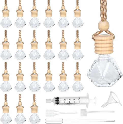Car Air Freshener Perfume Bottle: 27pieces Car Air Freshener Perfume Pendant with Hanging String & Wooden Cap, Refillable Car Essential Oil Diffuser with 5 Accessories for Car Perfume Pendant Ornament in Kuwait